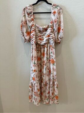Cream Midi Dress with Orange Floral Print and Ruffled Bodice #P003